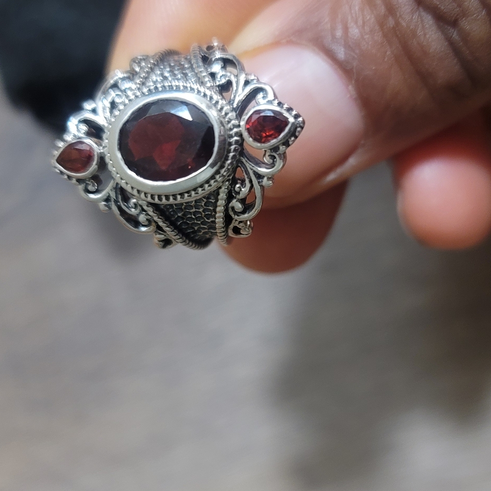 Ornate Silver And Ruby Gemstone Ring With Intrica… - image 1